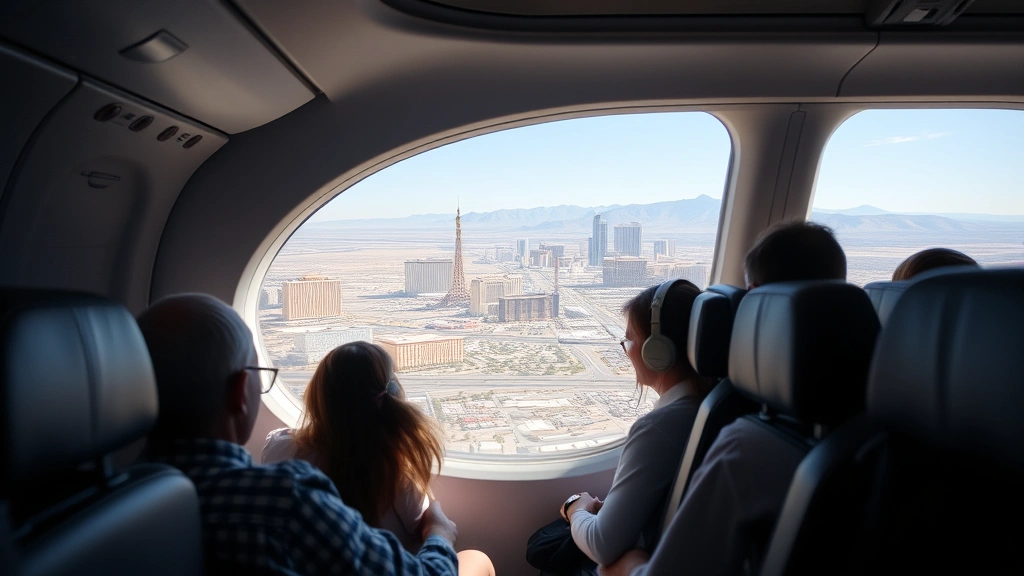 Interior of modern airplane cabin during flight with passengers seated, Las Vegas skyline visible through window with desert landscape below, natural daylight illuminating cabin