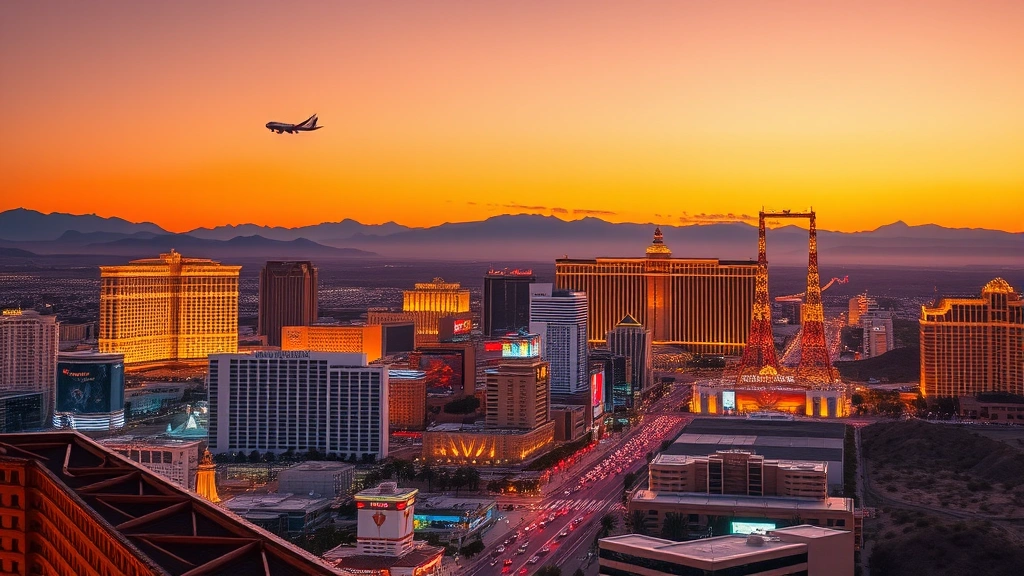 Las Vegas Strip skyline at sunset with famous casinos and hotels illuminated, desert landscape surrounding city, clear sky with warm golden lighting, commercial aircraft approaching in distance