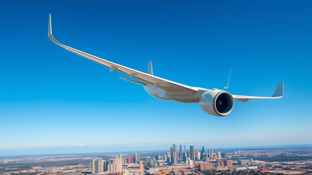 Modern commercial aircraft in flight against blue sky over city landscape, showing wing and engine detail, photorealistic daytime photograph