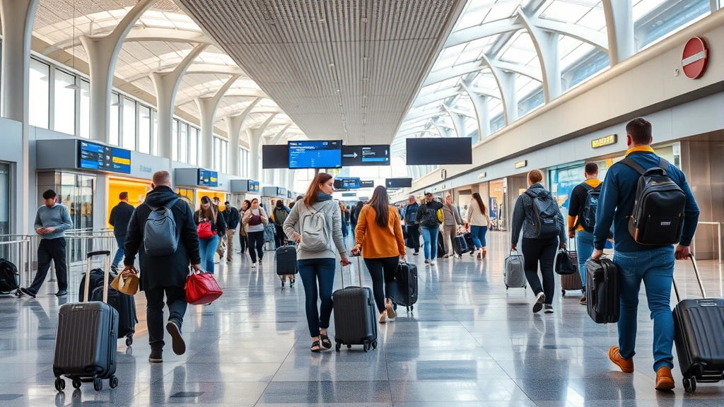 Busy airport terminal interior with travelers pulling luggage, modern architecture with natural lighting, diverse passengers in transit