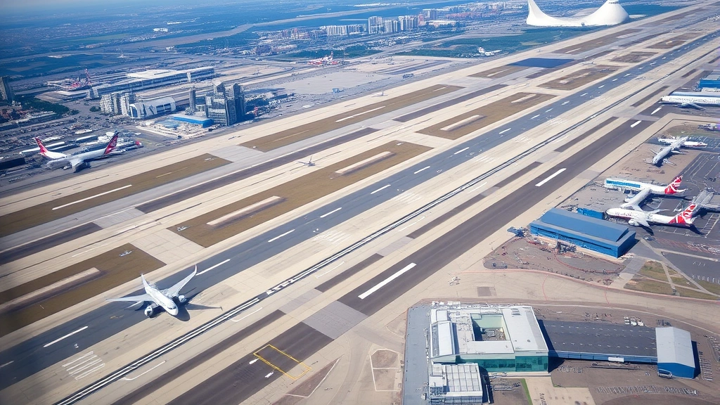Aerial view of Newark airport runways and taxiways with aircraft, or Atlanta Hartsfield-Jackson terminal from above, showing infrastructure