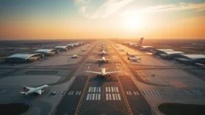 Aerial view of Atlanta Hartsfield-Jackson International Airport runway with planes taxiing, modern terminal buildings visible, golden hour lighting, wide angle perspective showing multiple aircraft