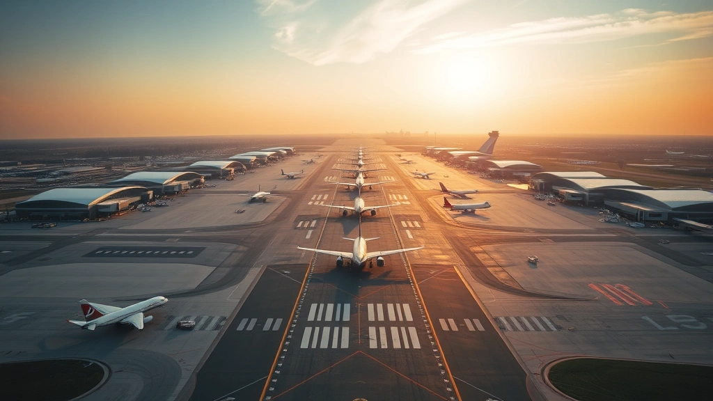 Aerial view of Atlanta Hartsfield-Jackson International Airport runway with planes taxiing, modern terminal buildings visible, golden hour lighting, wide angle perspective showing multiple aircraft