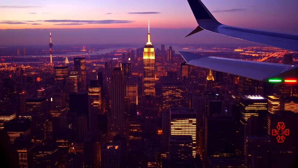 Crowded Manhattan skyline with Empire State Building and One World Trade Center prominent, vibrant city lights, photographed from airplane window showing wing tip, dusk atmosphere