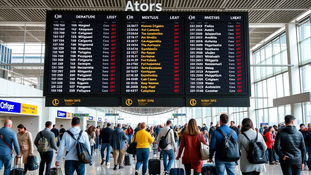Airport departure board display showing multiple flight destinations and times, busy terminal with diverse travelers checking bags and walking with luggage, modern airport interior, natural lighting