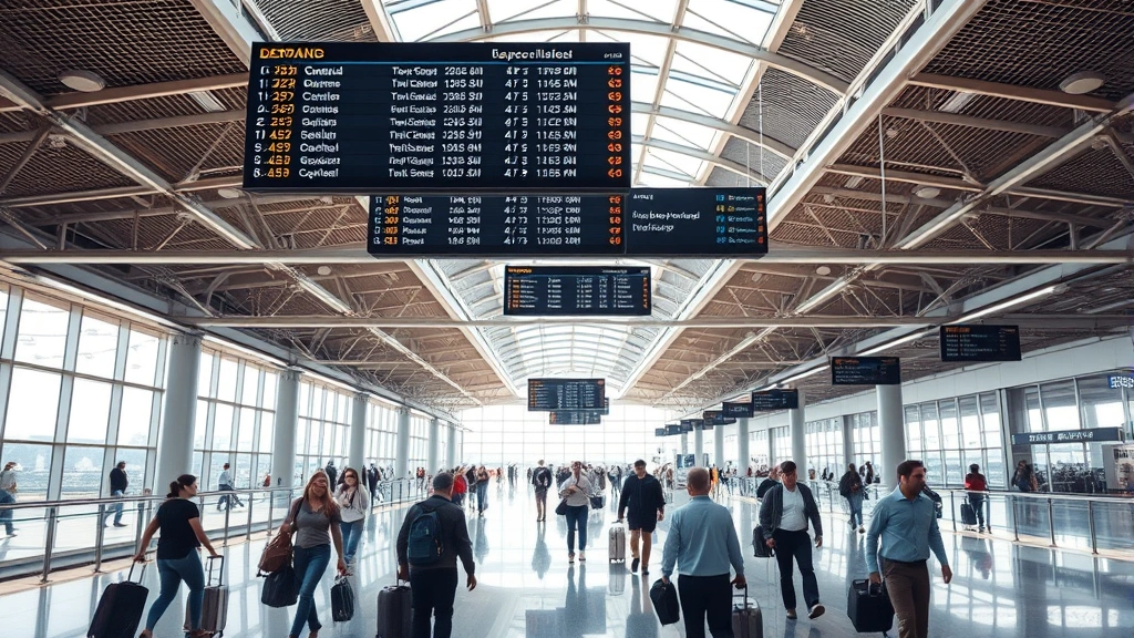 Busy airport terminal concourse with travelers walking with luggage, departure boards overhead, natural light from large windows, modern airport architecture