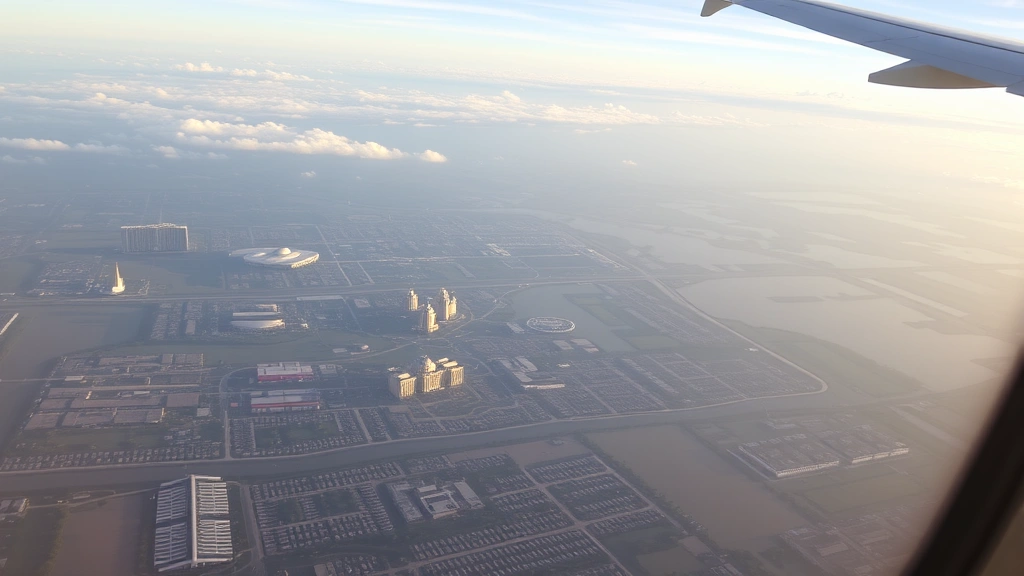 Orlando theme park skyline visible from airplane window during descent, residential areas and lakes visible below, afternoon lighting, wing tip visible in frame