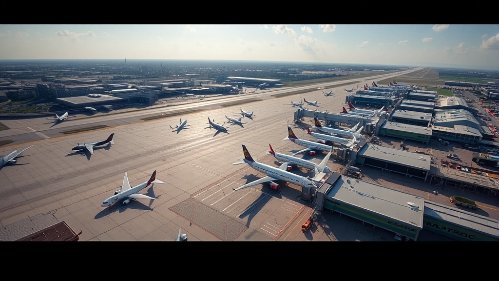 Aerial view of modern Hartsfield-Jackson Atlanta International Airport with multiple aircraft parked at gates, sunny afternoon lighting, expansive tarmac visible