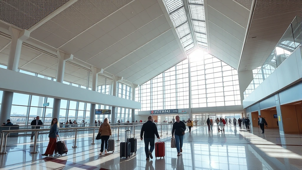 Tampa International Airport passenger terminal interior with contemporary architecture, natural light streaming through windows, travelers with luggage walking through concourse