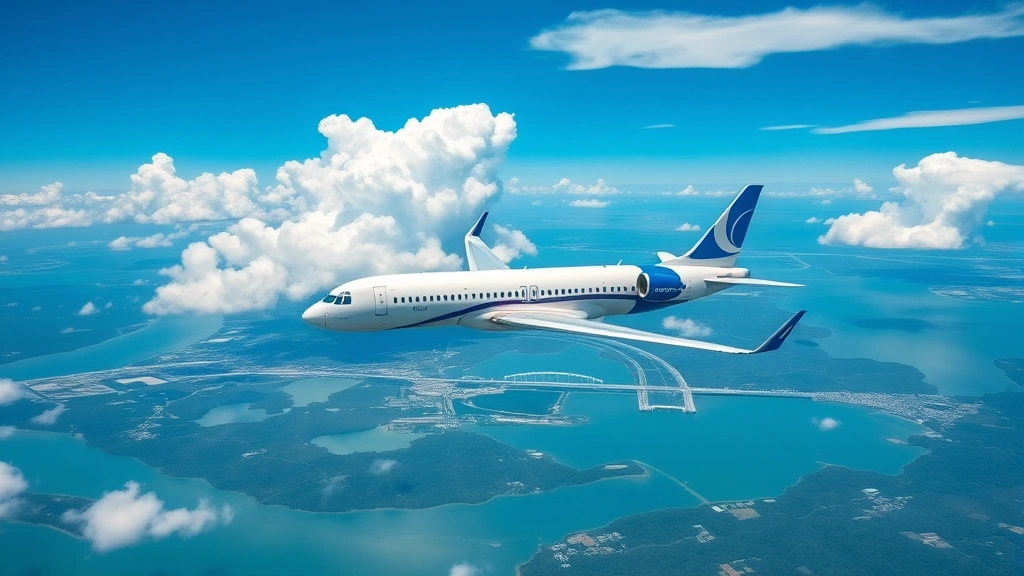 Modern commercial aircraft in flight over Florida landscape, bright daylight, blue sky with white clouds, aircraft captured in profile showing livery clearly