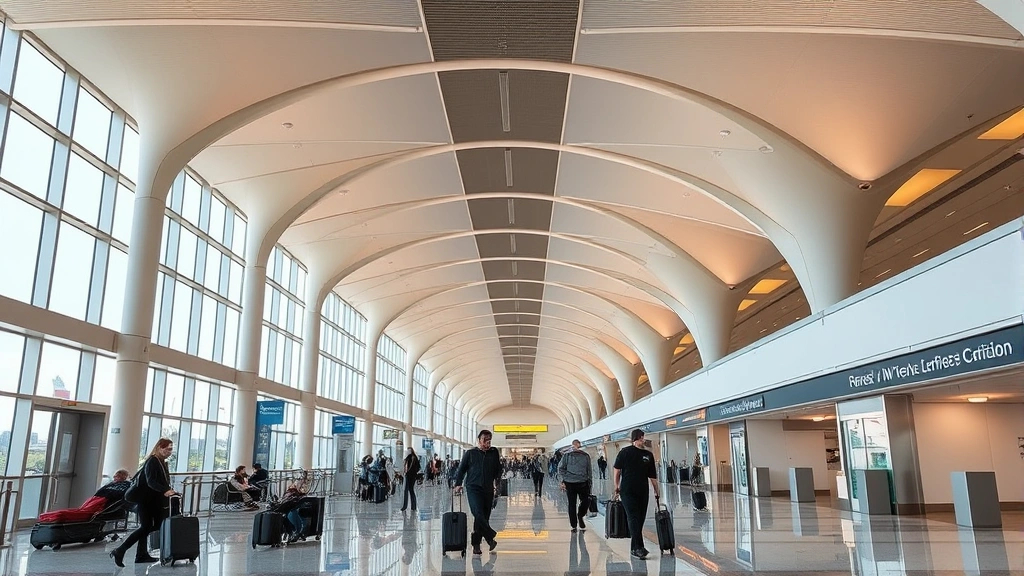 Las Vegas airport terminal interior with modern architecture, travelers walking with luggage, bright contemporary design, professional airport setting