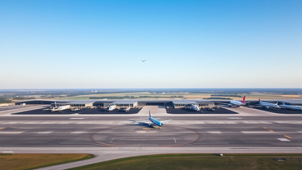 Aerial view of Austin Bergstrom International Airport with planes on tarmac, clear Texas sky, natural lighting, daytime photography