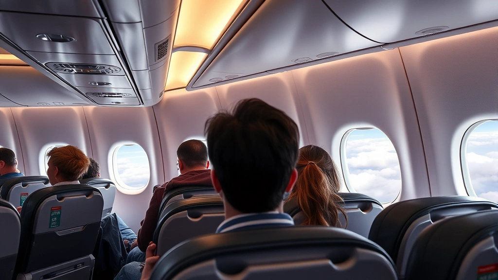Commercial aircraft cabin interior showing passengers in economy seats with window views of clouds, modern airline seating, professional travel photography
