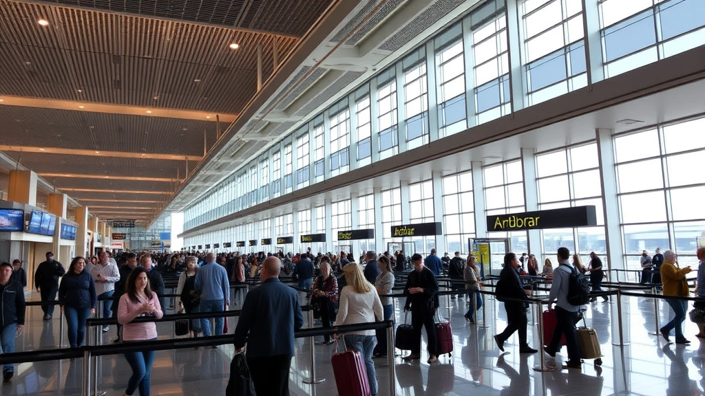 Hartsfield-Jackson Atlanta International Airport terminal interior with travelers at gates, modern architecture, natural window lighting, busy travel hub atmosphere