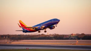 Professional photograph of Southwest Airlines aircraft taking off from Austin Bergstrom International Airport runway during golden hour, clear Texas sky, modern jet in vibrant colors ascending into the air