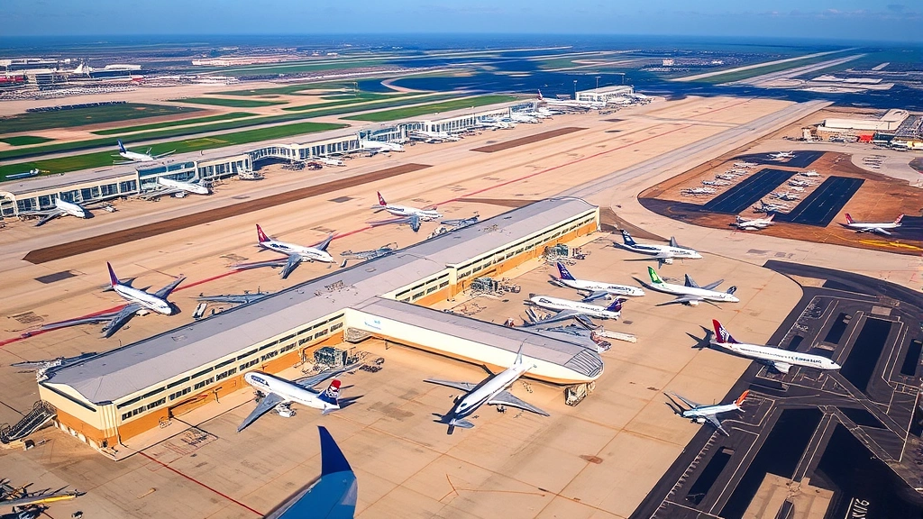 Aerial view of Dallas-Fort Worth International Airport terminal buildings and runways with multiple aircraft parked at gates, showing the scale and activity of a major Texas hub airport