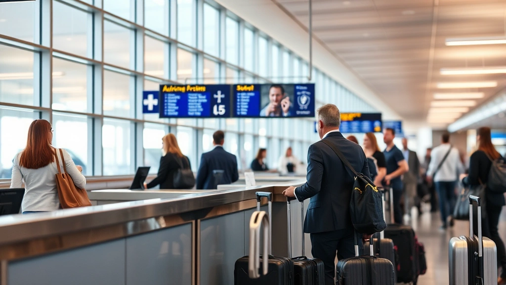 Close-up shot of airline ticket counter at Austin airport with passengers checking in luggage, modern airport terminal interior with glass windows and contemporary lighting, business travelers with carry-on bags