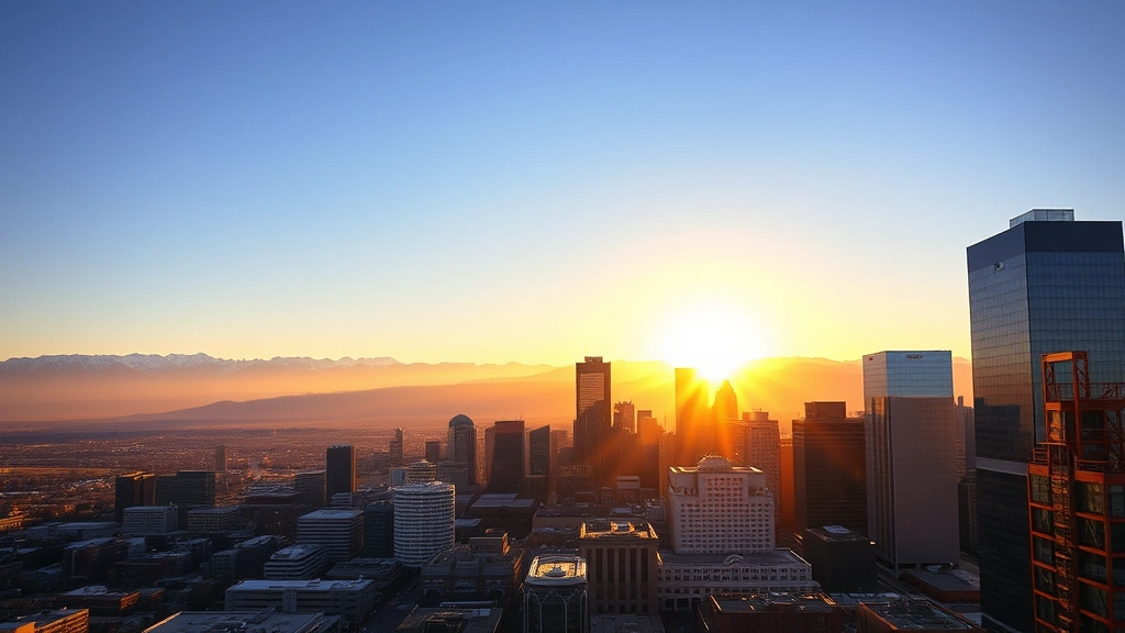 Aerial view of Denver skyline at sunrise with snow-capped Rocky Mountains in background, downtown skyscrapers reflecting morning light, clear blue sky, photorealistic travel photography