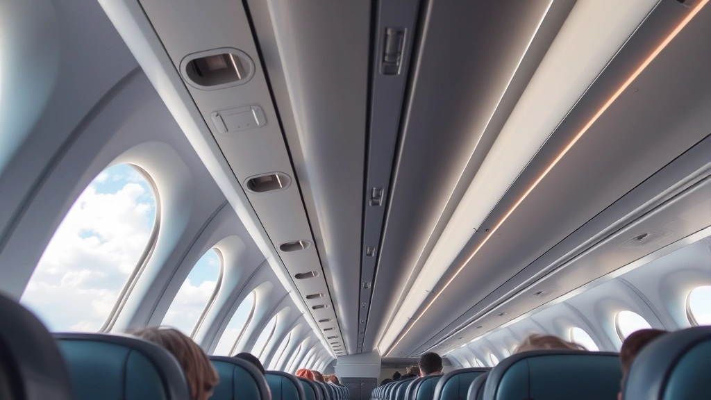 Modern commercial airplane interior cabin during flight, passengers in seats looking out windows at white clouds, overhead compartments, aisle view, bright natural lighting, realistic aviation scene