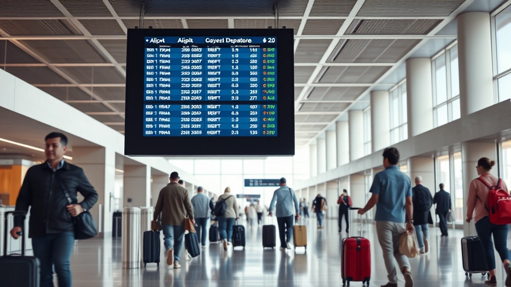 Austin-Bergstrom International Airport terminal departure board displaying flight information, travelers with luggage moving through modern airport corridor, professional travel environment, photorealistic airport scene
