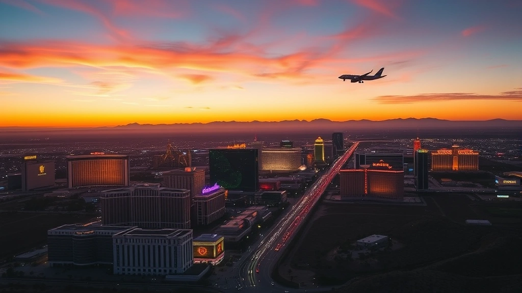 Aerial view of Las Vegas Strip at sunset with bright casino lights reflecting off desert landscape, commercial aircraft approaching Harry Reid International Airport in background