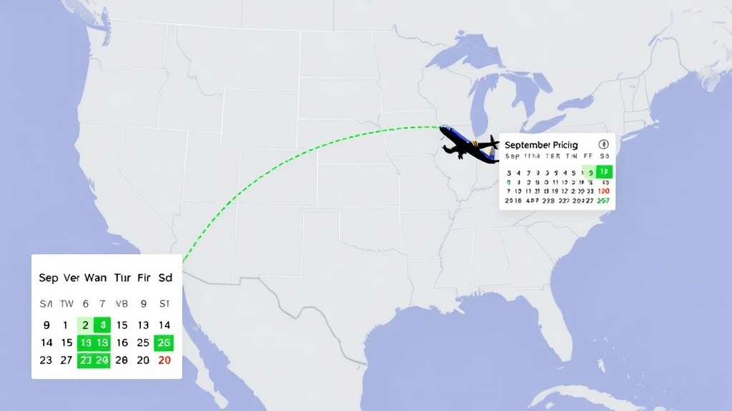 Direct flight path visualization map showing Austin Texas to Las Vegas Nevada with aircraft silhouette, calendar showing September dates highlighted in green for cheapest pricing