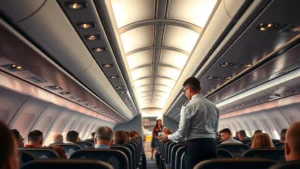 Wide-body aircraft interior cabin during service, passengers seated in rows with overhead bins visible, professional airline crew in uniform serving drinks, warm cabin lighting, realistic transatlantic flight environment