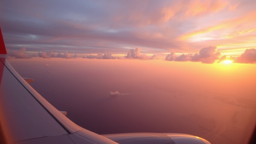 Sunrise or golden hour view from airplane window showing curved horizon and Atlantic Ocean far below, wing of aircraft visible in corner, dramatic clouds and sky colors, serene travel moment