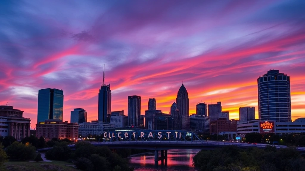 Austin skyline at sunset with Colorado River, modern buildings, live music venue neon signs, vibrant purple and orange sky, urban landscape