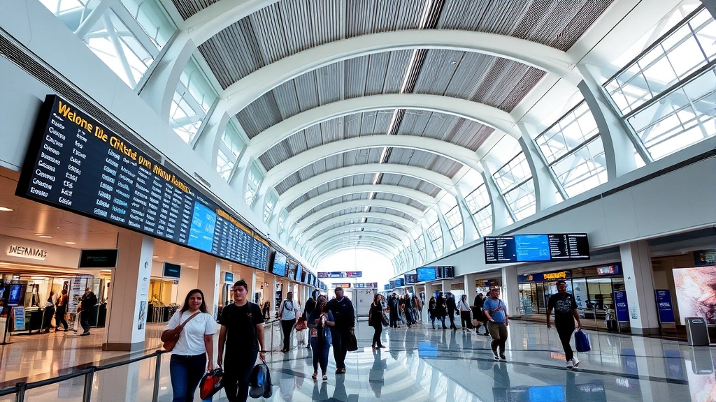 Miami International Airport terminal interior, modern architecture, bright lighting, travelers walking through concourse, departure boards visible