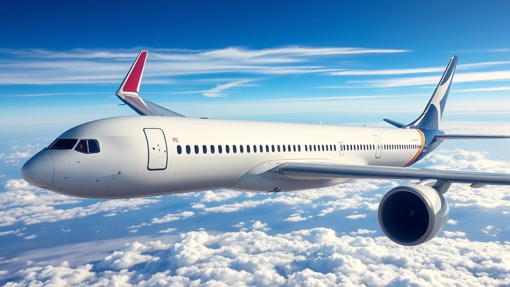 Modern commercial aircraft fuselage exterior during flight with blue sky and clouds visible, professional airline livery, photorealistic detail of aircraft body and windows