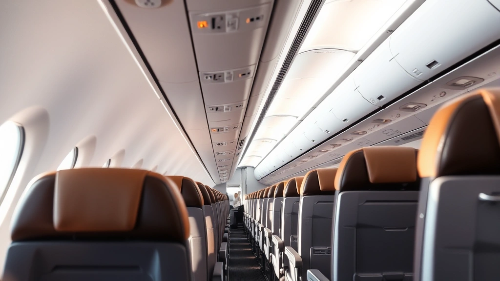 Spacious airplane cabin interior showing rows of comfortable passenger seats, overhead bins, and aisle during daytime flight with natural light from windows