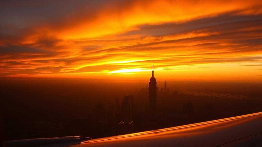 Dramatic sunset view from airplane window showing silhouetted cityscape skyline of New York City below with golden and orange sky colors, aircraft wing visible in foreground