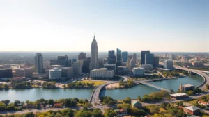 Aerial view of Austin skyline with downtown buildings and Lady Bird Lake in daylight, bright sunny weather