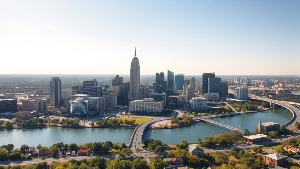 Aerial view of Austin skyline with downtown buildings and Lady Bird Lake in daylight, bright sunny weather