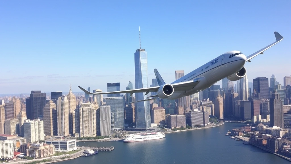 Modern commercial airplane banking over Manhattan skyline with One World Trade Center and East River visible below