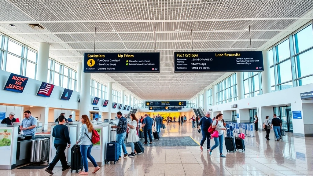 Austin-Bergstrom International Airport terminal interior with check-in counters and travelers with luggage