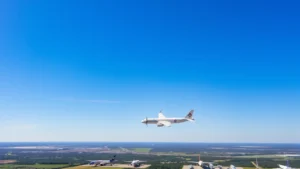Aerial view of Austin-Bergstrom International Airport with aircraft lined up at gates, blue sky, Texas landscape visible, daytime photography