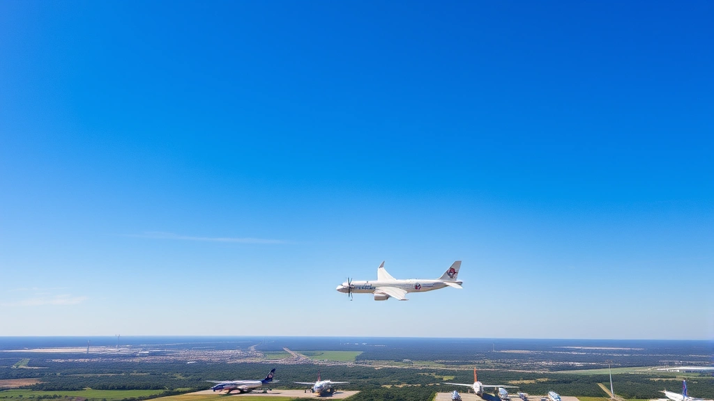 Aerial view of Austin-Bergstrom International Airport with aircraft lined up at gates, blue sky, Texas landscape visible, daytime photography