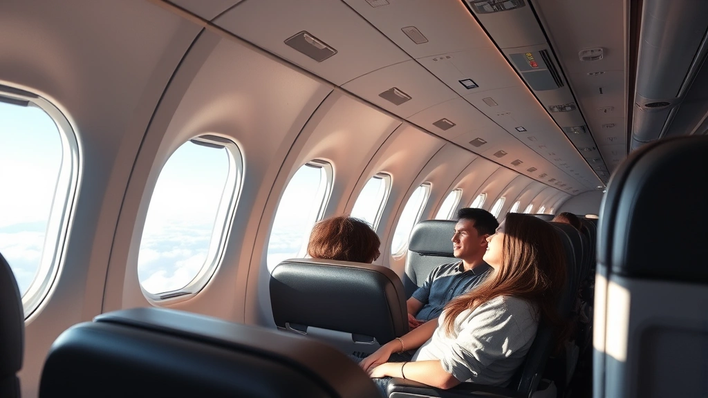 Modern airplane cabin interior showing economy class seats with window views of clouds during flight, natural lighting, travelers relaxing