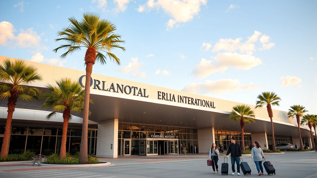 Orlando International Airport terminal exterior with modern architecture, palm trees, clear Florida sky, travelers with luggage walking toward entrance