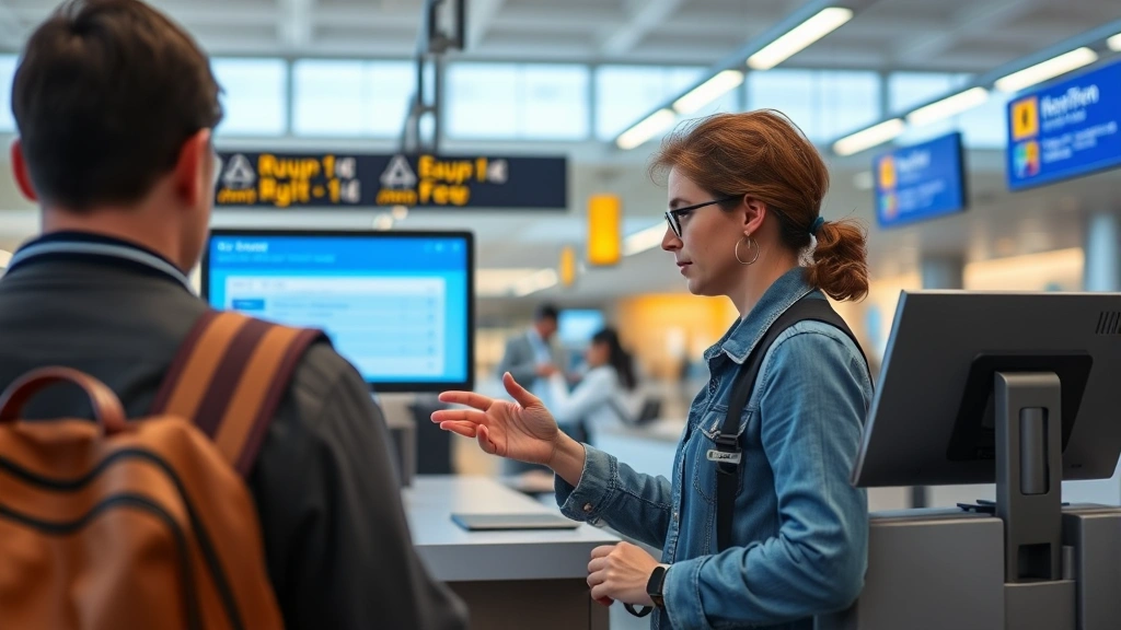 Passenger at airport check-in counter during flight cancellation, staff member explaining refund options at computer terminal, natural lighting, realistic details of modern airport environment