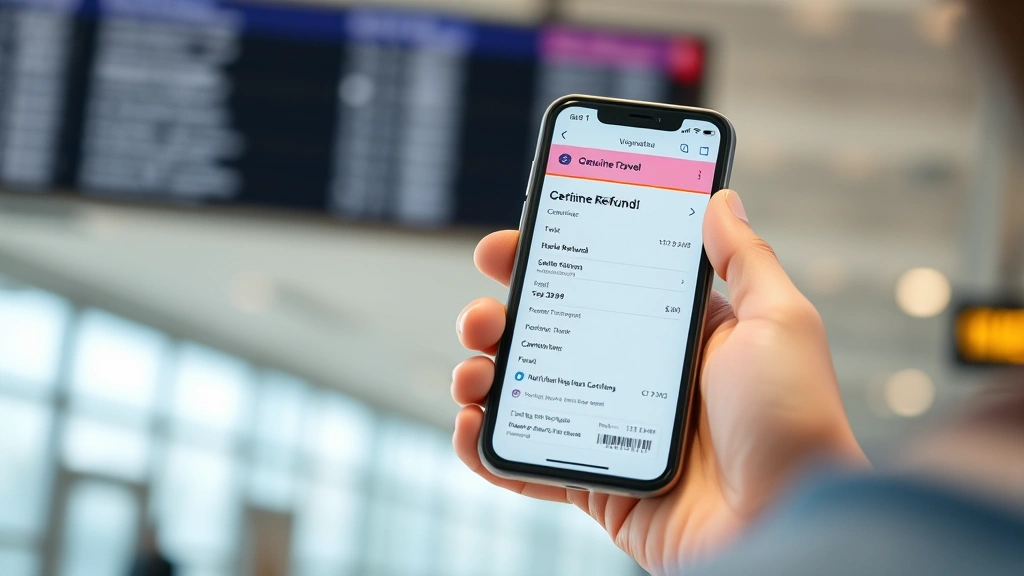 Close-up of traveler holding smartphone displaying airline refund confirmation on screen, airport departure board blurred in background, genuine travel documentation interface visible