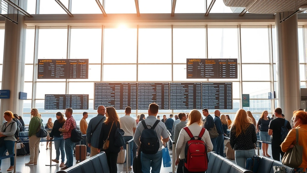 Airport terminal waiting area with diverse passengers checking flight status on departure boards, some passengers appearing concerned about delays, natural morning light through large windows, realistic airport architecture