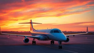 Modern regional aircraft Airbus A220 on tarmac at sunrise with vibrant sky, professional aviation photography, no text or signage visible