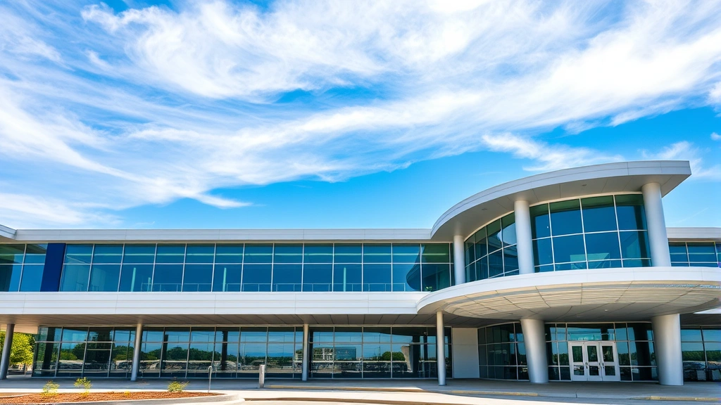 Concord Municipal Airport terminal exterior modern architecture with clear blue sky, natural lighting, contemporary regional airport design