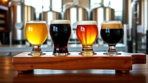 Professional wooden beer flight board with five different craft beer glasses displaying various beer colors from pale golden lager to dark stout, brewery taproom background, natural lighting