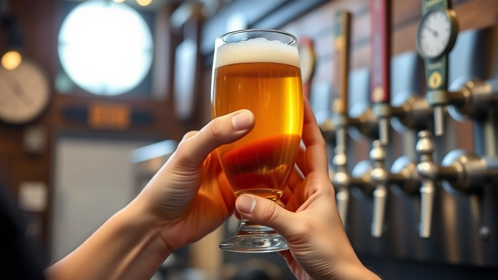 Close-up of hands holding beer glass during tasting, examining beer color against light, brewery interior setting with multiple taps visible, focused sensory evaluation moment