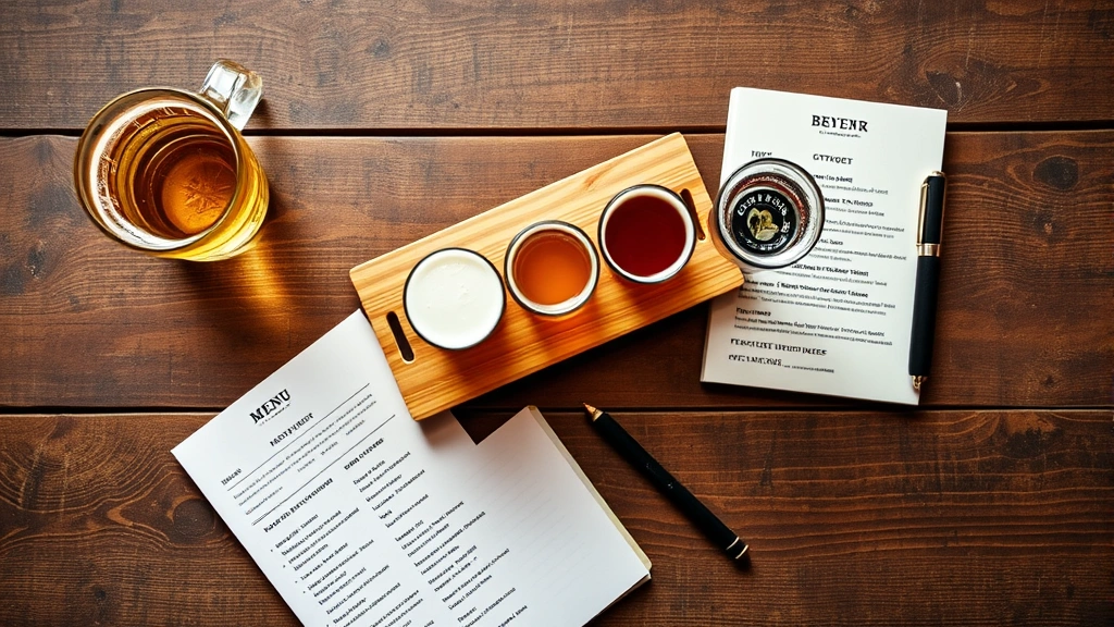 Aerial view of complete beer flight experience with flight board, water glass for palate cleansing, brewery menu, and notebook for tasting notes on rustic wooden table