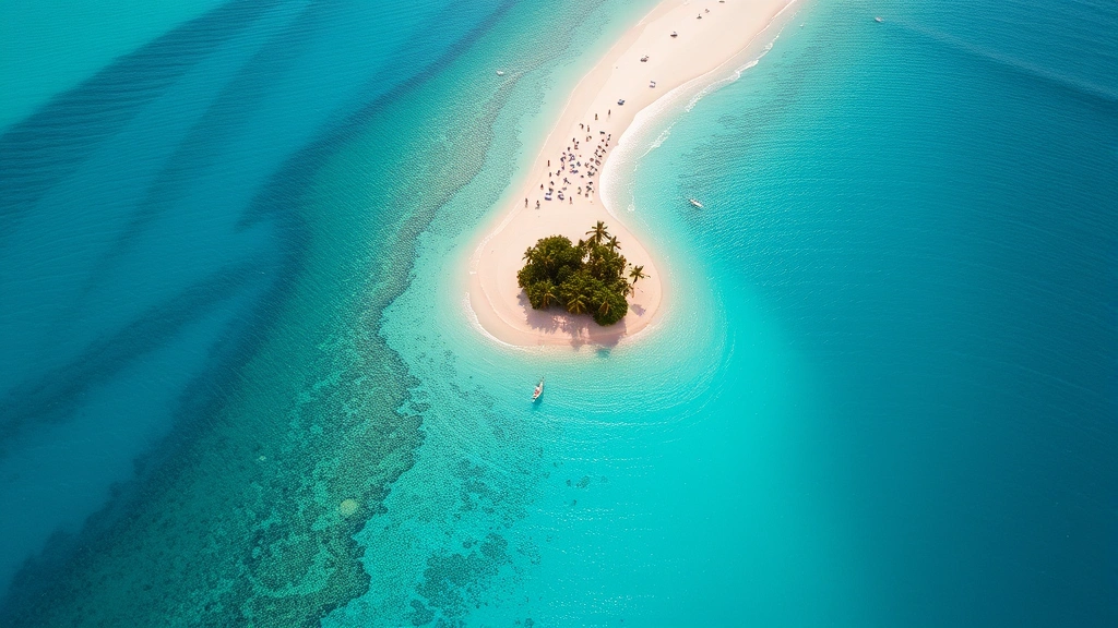 Aerial view of turquoise Caribbean waters surrounding Belize with pristine white sand beach and palm trees, professional travel photography, bright tropical daylight, showing destination appeal